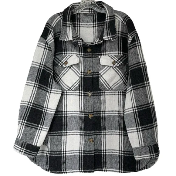 Shacket Thick Heavyweight Flannel Shirt Plaid Black White Check Womens Size XXL