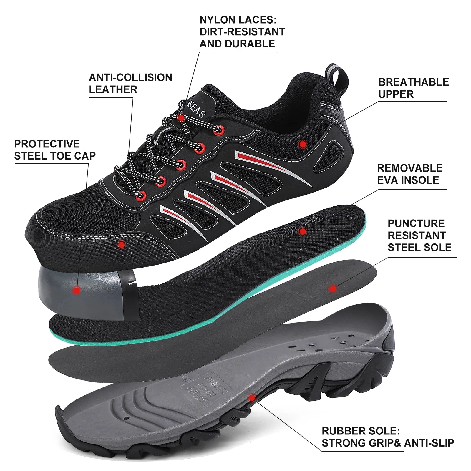 SIXSPACE Men Climbing shoes Work Boots Waterproof Lightweight Slip Resistant Construction Shoe BlackRed 8US