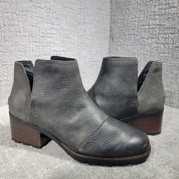 Sorel Cate Women's Size 10.5M US Charcoal Leather Waterproof Rain Bootie Boots
