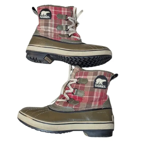 Sorel Green Red Plaid Tivoli Waterproof Sherpa Lined Boots Size 9