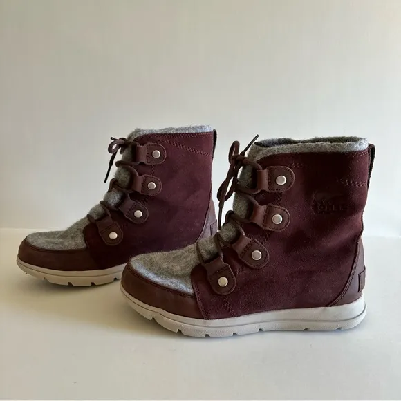 Sorel Maroon Explorer Joan Felt Waterproof Lace Up Suede Leather Boots
