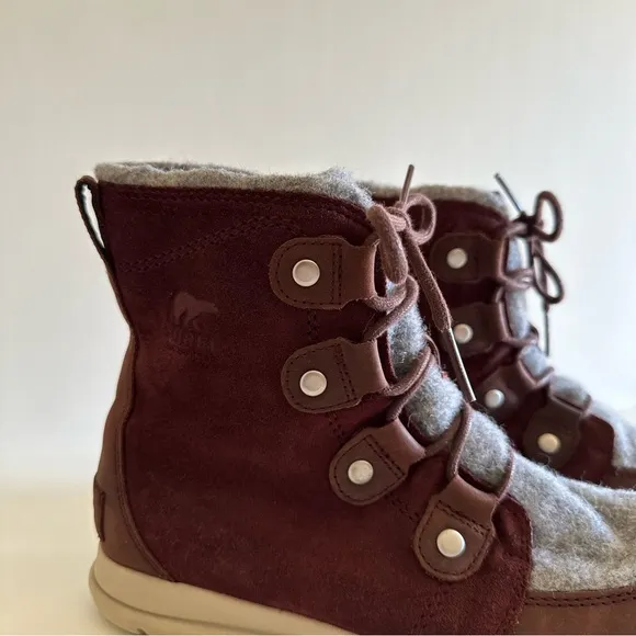 Sorel Maroon Explorer Joan Felt Waterproof Lace Up Suede Leather Boots