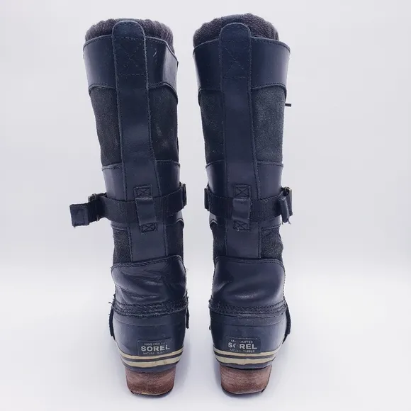 Sorel NL2033 Conquest Carly Women’s Waterproof Black Leather Rain Boots Size 6