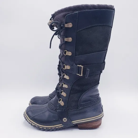 Sorel NL2033 Conquest Carly Women’s Waterproof Black Leather Rain Boots Size 6