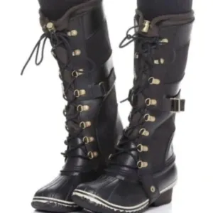 Sorel NL2033 Conquest Carly Women’s Waterproof Black Leather Rain Boots Size 6