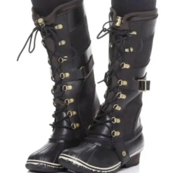 Sorel NL2033 Conquest Carly Women’s Waterproof Black Leather Rain Boots Size 6