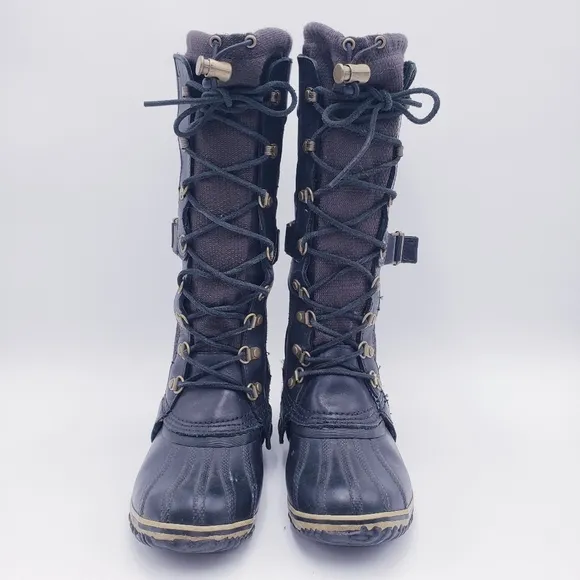 Sorel NL2033 Conquest Carly Women’s Waterproof Black Leather Rain Boots Size 6