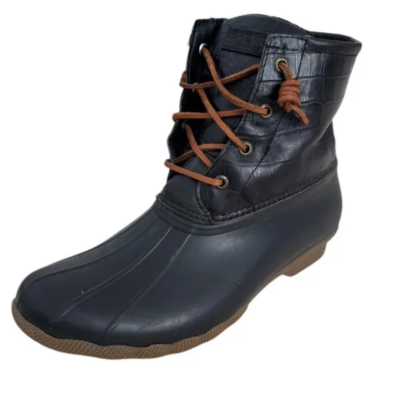Sperry Boots Saltwater Croc Black STS86698 Rain Snow Winter Boot Womens Size 9.5