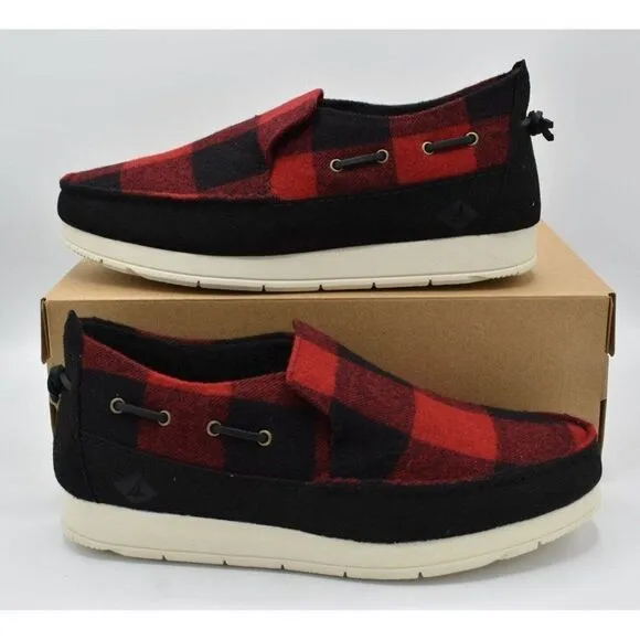 Sperry Mens Size 9.5 Moc Sider Buffalo Check Plaid Red Wool Blend Slip On Shoes