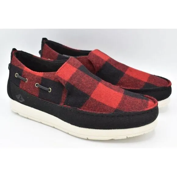 Sperry Mens Size 9.5 Moc Sider Buffalo Check Plaid Red Wool Blend Slip On Shoes