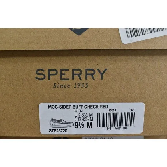 Sperry Mens Size 9.5 Moc Sider Buffalo Check Plaid Red Wool Blend Slip On Shoes