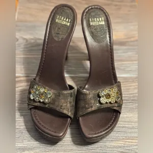 Stuart Weitzman Brown Leather Jeweled Front Slip on Open Toe Sandal Heels 9 M