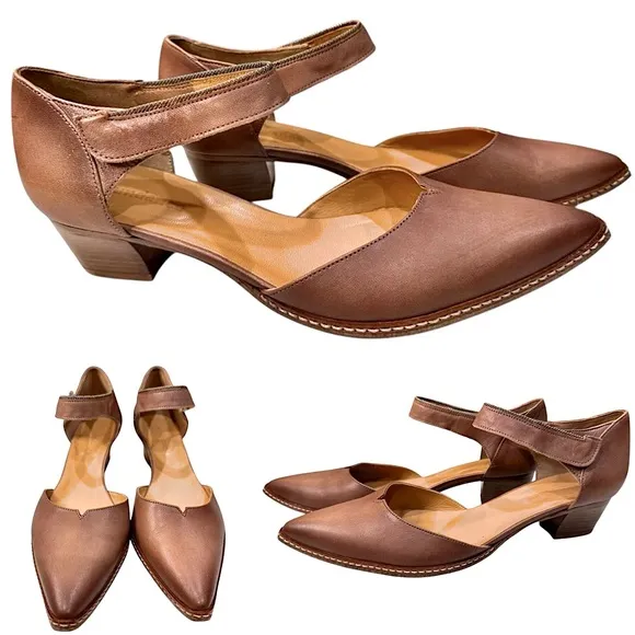 Sundance Alyssa Ankle Strap Low Heel Pointed Toe Leather Shoes Caramel Size 10