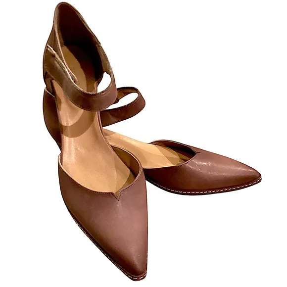 Sundance Alyssa Ankle Strap Low Heel Pointed Toe Leather Shoes Caramel Size 10