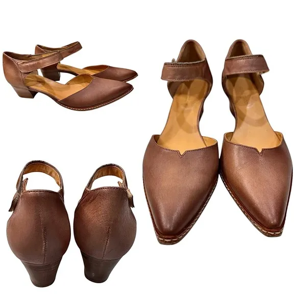 Sundance Alyssa Ankle Strap Low Heel Pointed Toe Leather Shoes Caramel Size 10