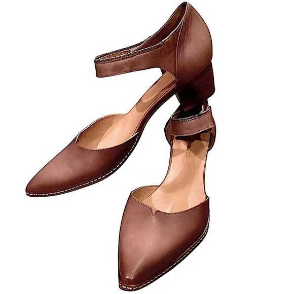 Sundance Alyssa Ankle Strap Low Heel Pointed Toe Leather Shoes Caramel Size 10