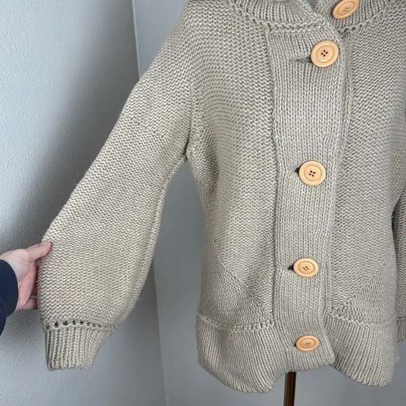 System Chunky Beige Oatmeal High-Neck Wool-Blend Button-Up Cardigan sz M