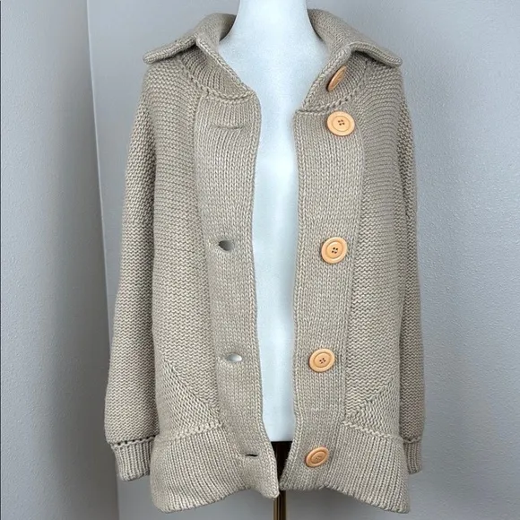 System Chunky Beige Oatmeal High-Neck Wool-Blend Button-Up Cardigan sz M