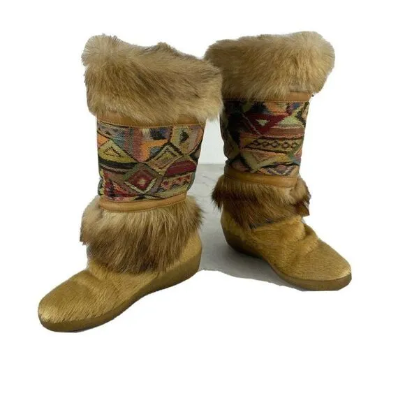 Tecnica Fur Boots 6 Womens Tan Ski Aztec Boho Festival Lace Up Apres Wedge