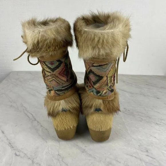 Tecnica Fur Boots 6 Womens Tan Ski Aztec Boho Festival Lace Up Apres Wedge