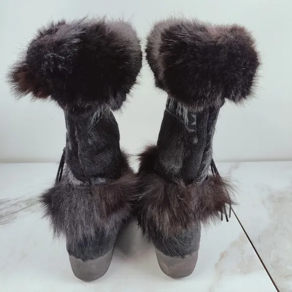 Tecnica Skandia Black Goat Fur Cow Hair Apres Ski Winter Snow Boots, Sz 8