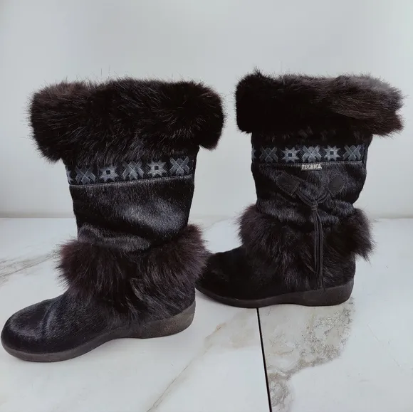 Tecnica Skandia Black Goat Fur Cow Hair Apres Ski Winter Snow Boots, Sz 8