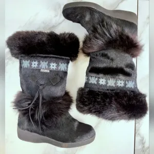 Tecnica Skandia Black Goat Fur Cow Hair Apres Ski Winter Snow Boots, Sz 8