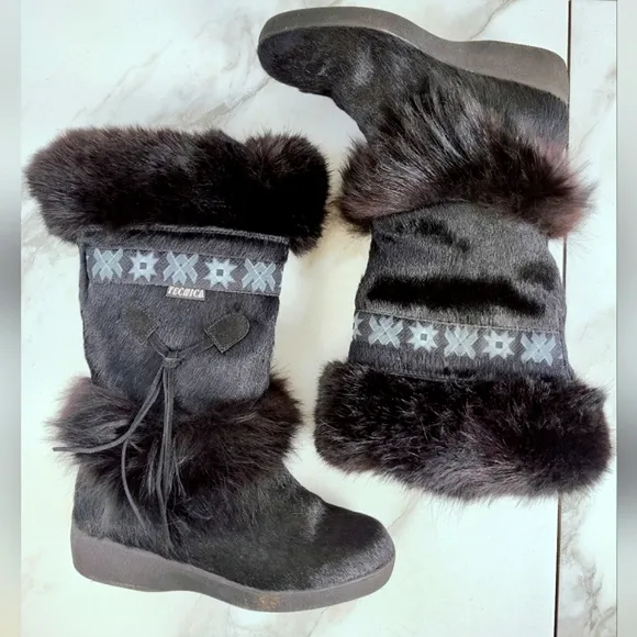Tecnica Skandia Black Goat Fur Cow Hair Apres Ski Winter Snow Boots, Sz 8