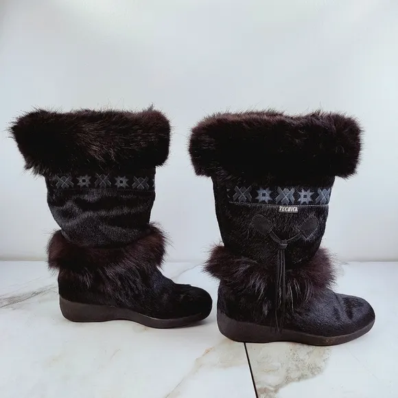 Tecnica Skandia Black Goat Fur Cow Hair Apres Ski Winter Snow Boots, Sz 8
