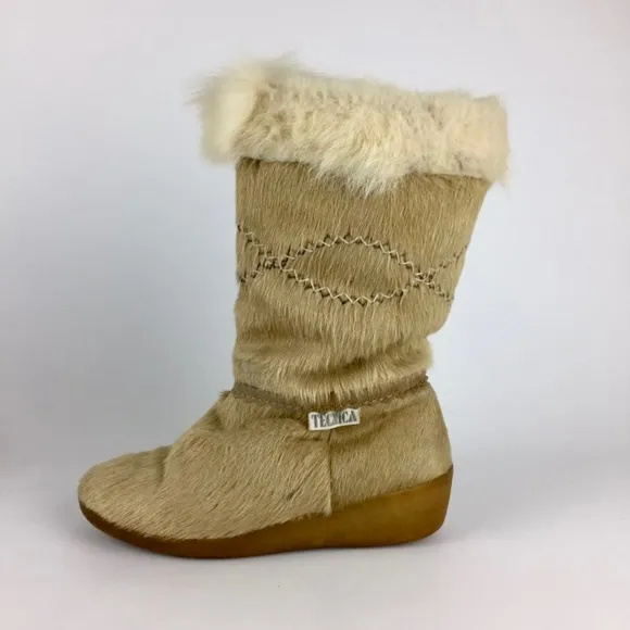 Tecnica Vintage Pony Hair Mid Calf Winter Snow Apres Ski Boots Tan 37 6.5