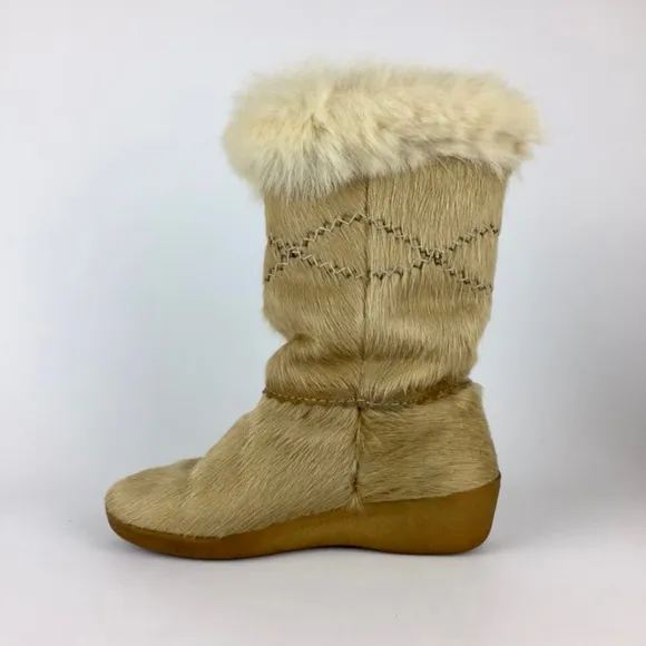 Tecnica Vintage Pony Hair Mid Calf Winter Snow Apres Ski Boots Tan 37 6.5