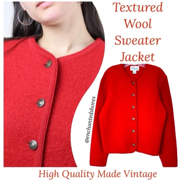 Textured Wool Cardigan Rare Vintage Button Sweater Jacket Red Petite Size Medium