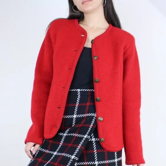 Textured Wool Cardigan Rare Vintage Button Sweater Jacket Red Petite Size Medium