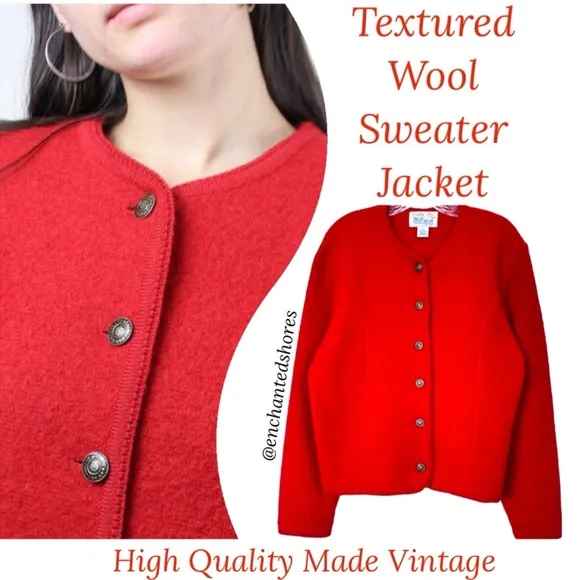 Textured Wool Cardigan Rare Vintage Button Sweater Jacket Red Petite Size Medium