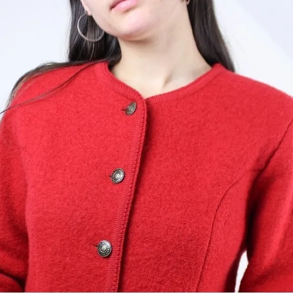 Textured Wool Cardigan Rare Vintage Button Sweater Jacket Red Petite Size Medium