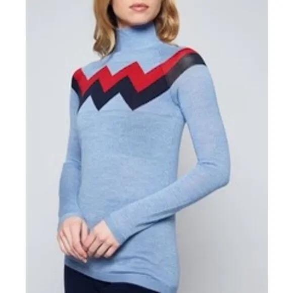 The L’ETOILE Chevron Mock Neck Sweater with Red, Light Blue, &amp; Navy Size XS