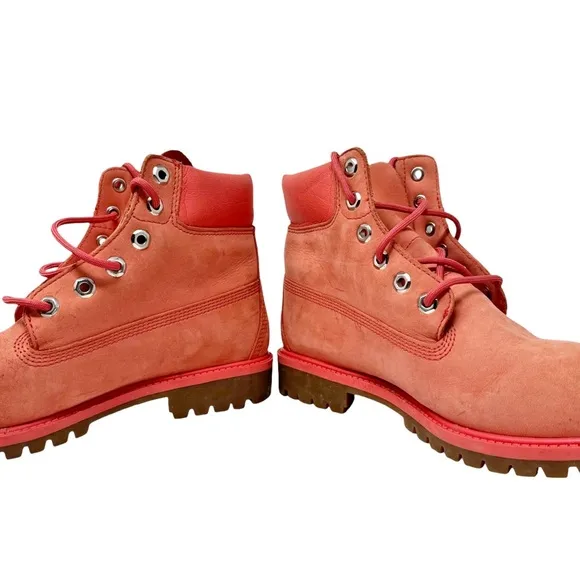 Timberland 6” Waterproof Leather Boots Junior Size 7 Pink Spiced Coral