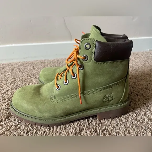 Timberland Boys 6 Inch Premium Waterproof Nubuck Boots Olive Green Size 6.5
