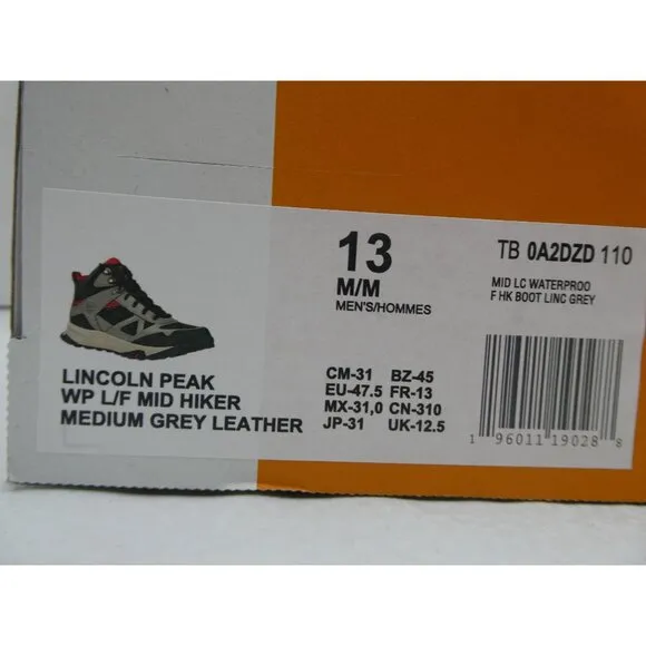 Timberland Men's Lincoln Peak Waterproof Mid Hiker Grey Boots Size 13