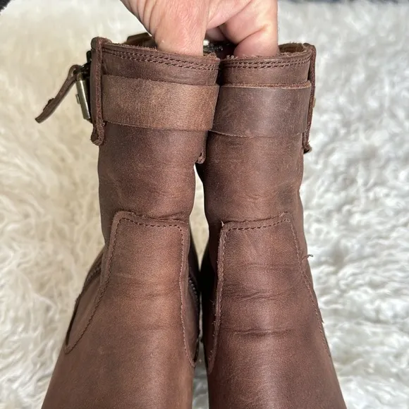 Trask Madison Waterproof Leather Moto Boots/Booties Sz 9.5 Brown Side Zip Heeled