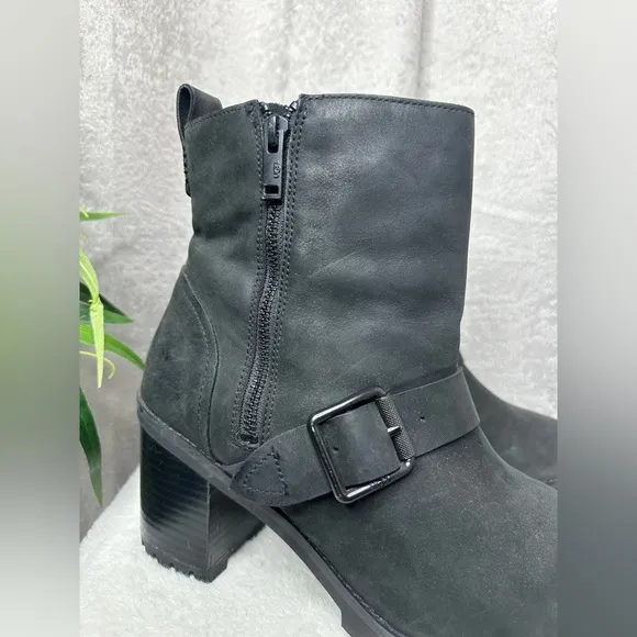 UGG Australia ‘Fern’ Leather Heeled Moto Boots Waterproof Black Women’s Sz 11