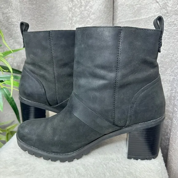 UGG Australia ‘Fern’ Leather Heeled Moto Boots Waterproof Black Women’s Sz 11