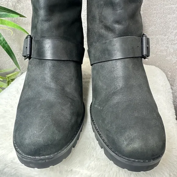 UGG Australia ‘Fern’ Leather Heeled Moto Boots Waterproof Black Women’s Sz 11