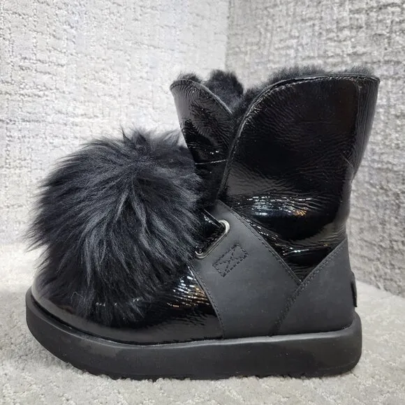 UGG Australia Isley Women's Size 5.5 US Black Patent Waterproof Pompom Boots