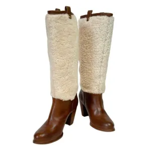 Ugg Ava Shearling Heeled Knee High Brown Leather Pull On Winter Boots Size 7