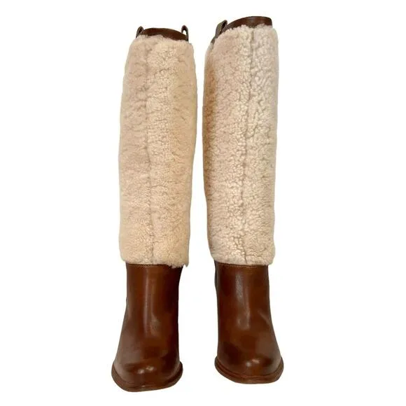 Ugg Ava Shearling Heeled Knee High Brown Leather Pull On Winter Boots Size 7