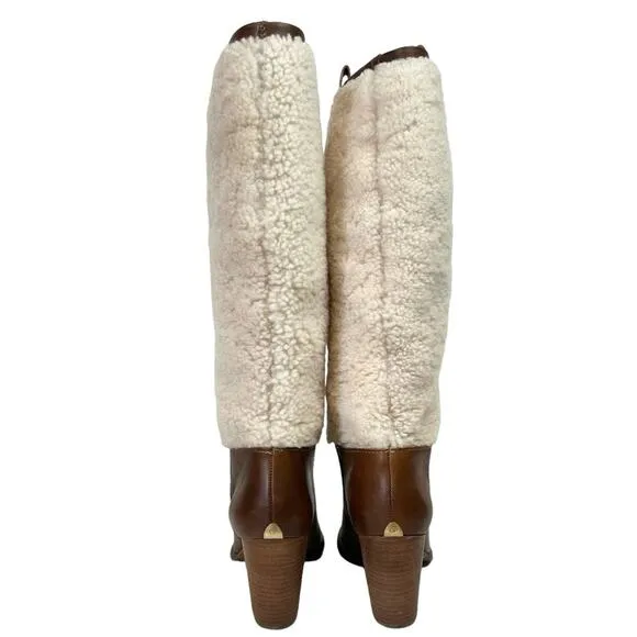 Ugg Ava Shearling Heeled Knee High Brown Leather Pull On Winter Boots Size 7