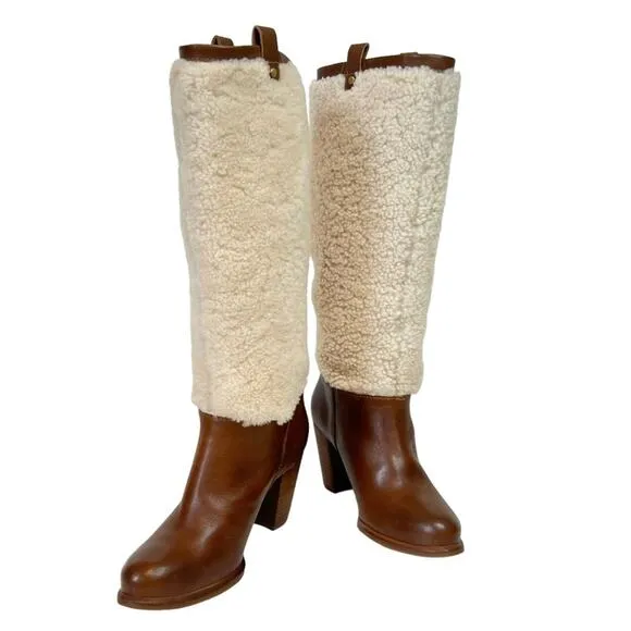 Ugg Ava Shearling Heeled Knee High Brown Leather Pull On Winter Boots Size 7