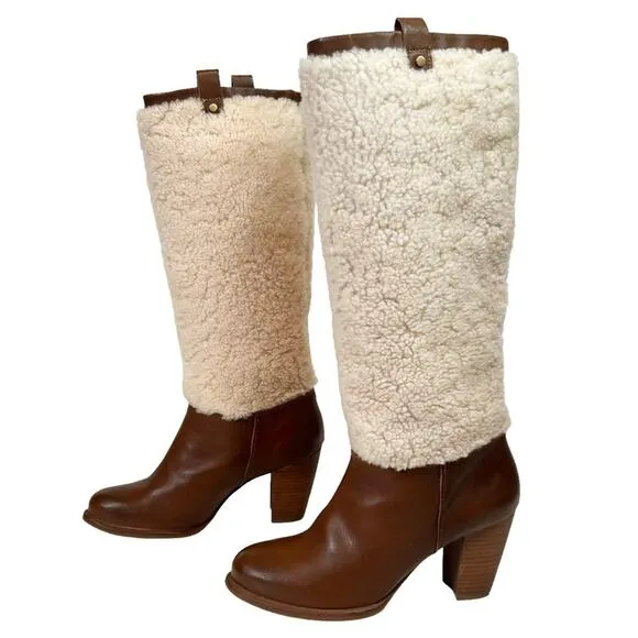 Ugg Ava Shearling Heeled Knee High Brown Leather Pull On Winter Boots Size 7