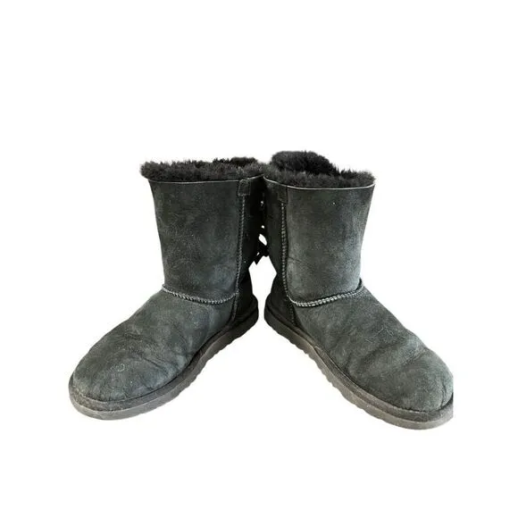 UGG Bailey Bow II Sheepskin Black Suede Winter Boots Women’s Size 6 Girls 5